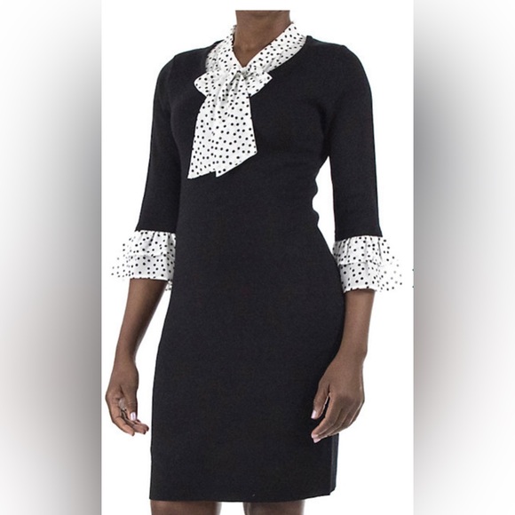 Nina Leonard Dresses & Skirts - NWT Nina Leonard Black Sweater Dress~Chiffon Black Dot Collar & Sleeves XL